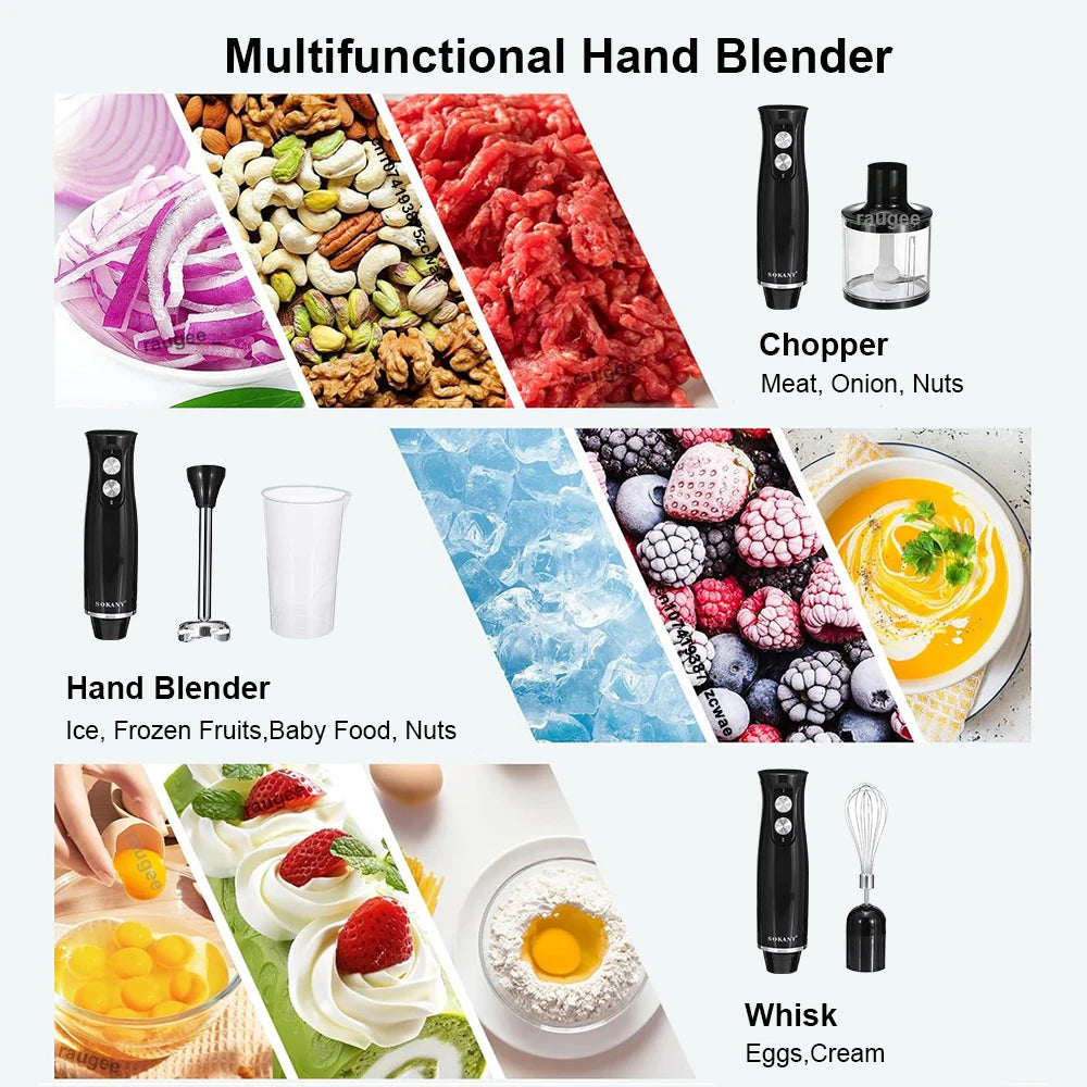 4 in 1 Blender Handheld Electric Mixer Machine Meat Vegetable Garlic Chopper Egg Beater Kitchen Blender for Soup Smoothie Puree