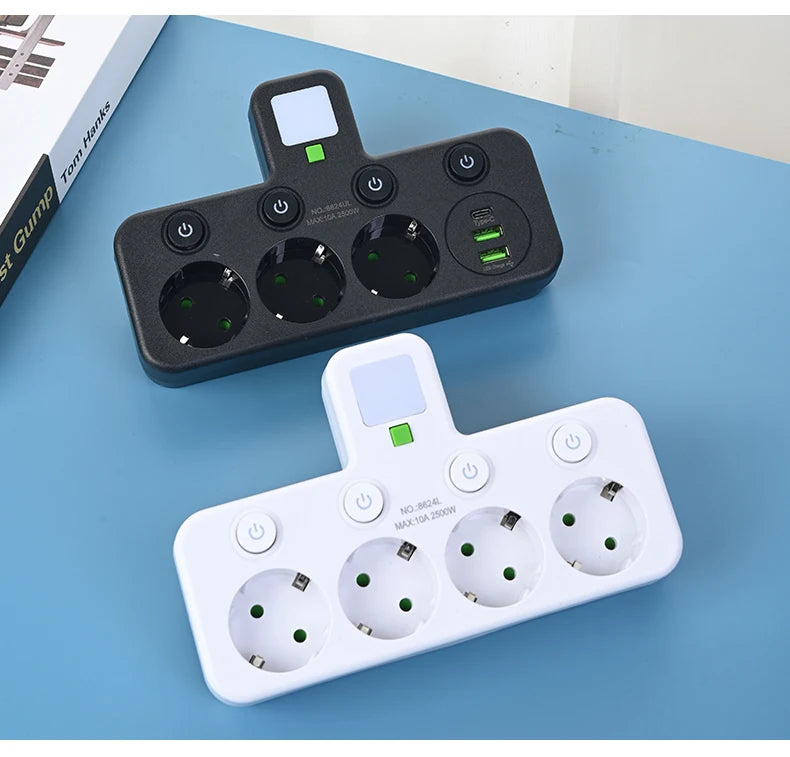 Wireless Wall Charger Socket with 3 AC Outlets +2 USB Ports+ 1 Type C 6-in-1 Plug Socket EU Plug Fast Charging power board