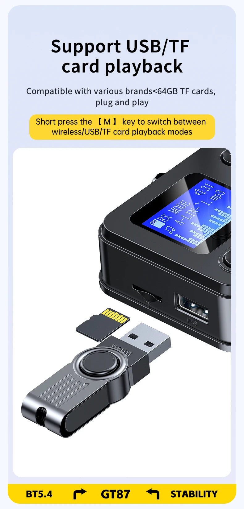 Bluetooth 5.4 Audio Transmitter Receive Support AUX/COAXIAL/SPDIF/TF/U disk with LCD Display for Home Stereo TV Speakers PC