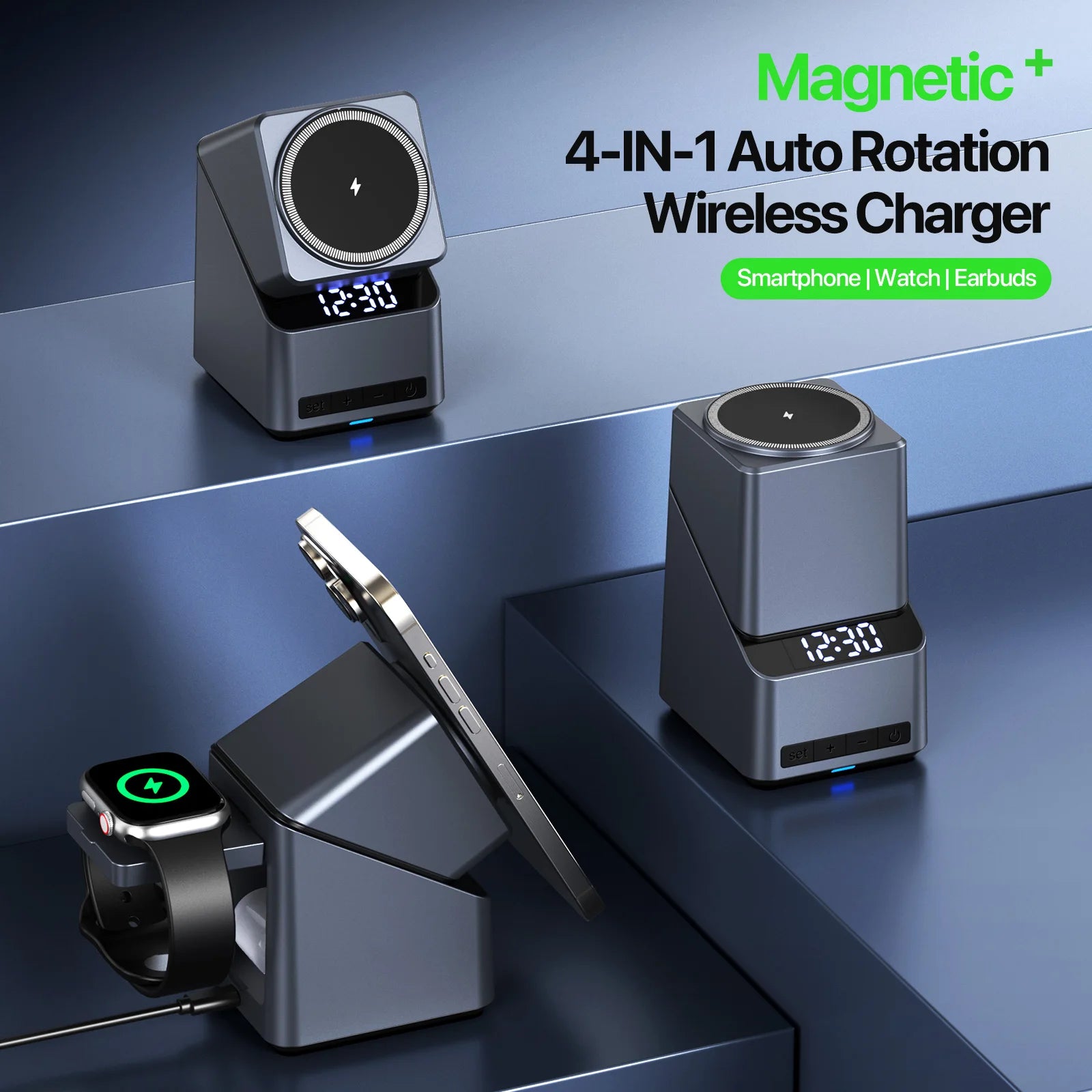 Magnetic 4 in 1 Auto Rotation Wireless Charger with Clock for Iphone 12-16 Series(15W), Apple Watch(2.5W) and Airpods (5W)