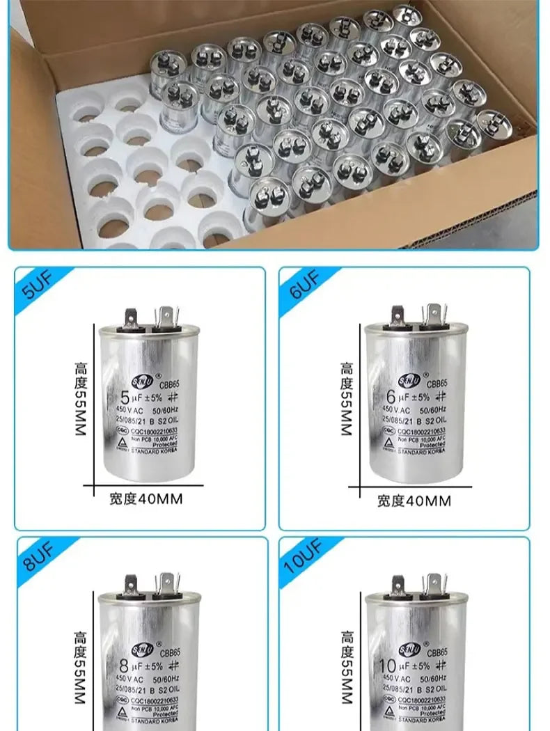 20UF25UF30UF 35UF 40UF 45UF 50UF 55UF 60-100UF CBB65 Air Conditioner Capacitor Compressor Motor Runs Starting Capacitor 450VAC