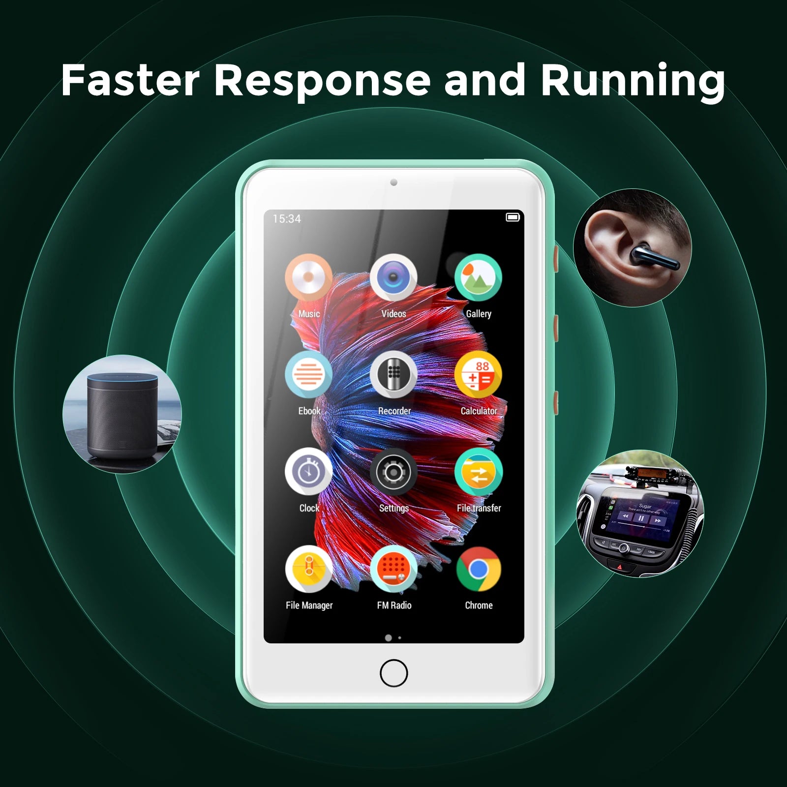 Portable MP4/MP3 player bluetooth speakers & wifi, music player with video, FM radio, eBooks, Recorder, capacity up to 512 GB