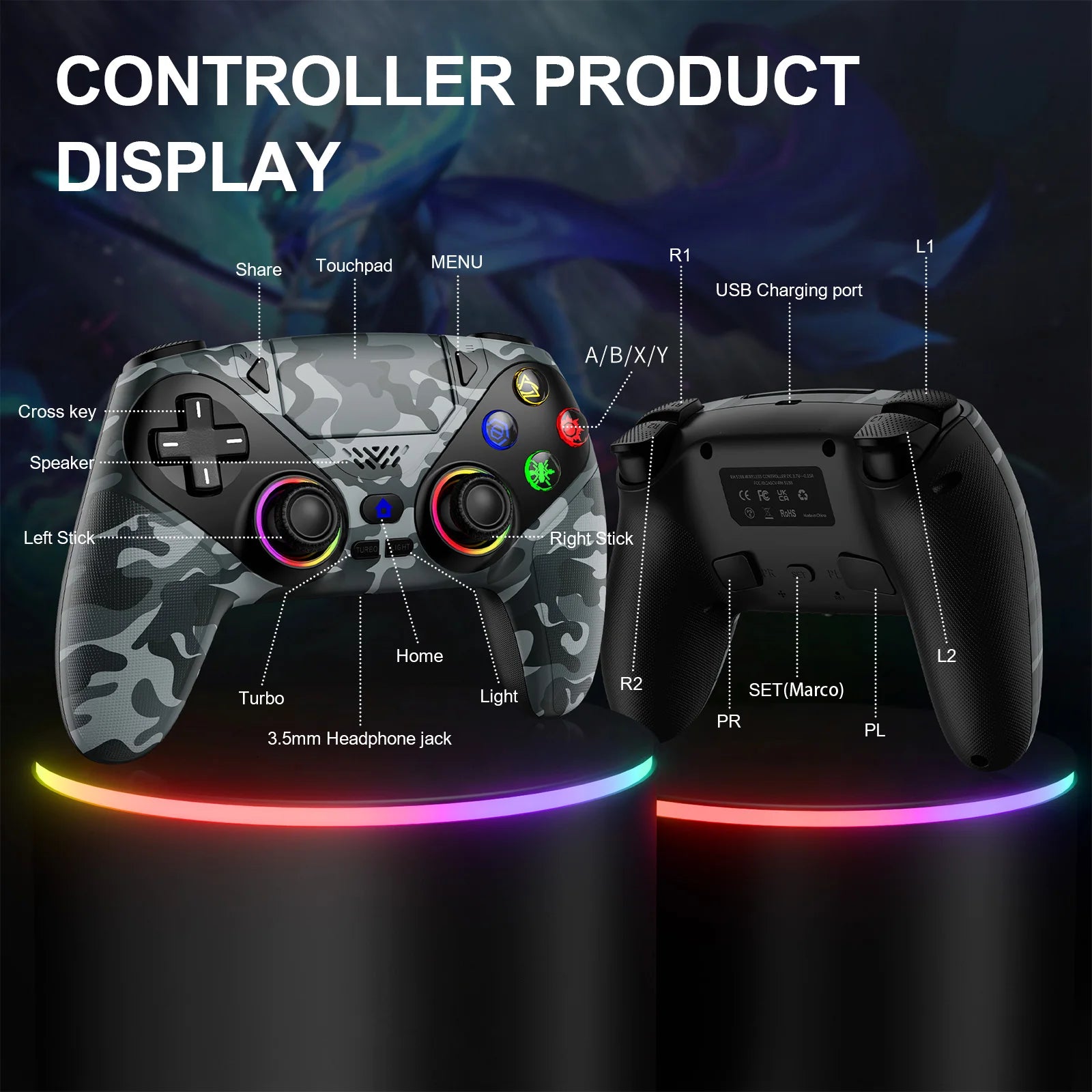 Wireless RGB Light Gamepad For Playstation 5 Controller Console Gaming Controller With Turbo Dual Sense Vibrate Programming