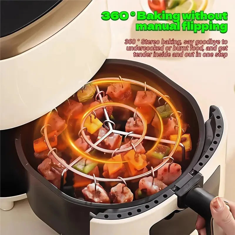 Air Fryer Grill Set: 304 Steel Vertical Grill + 24 Skewers. Grill kabobs evenly indoors/outdoors. Fits 3-6QT models.
