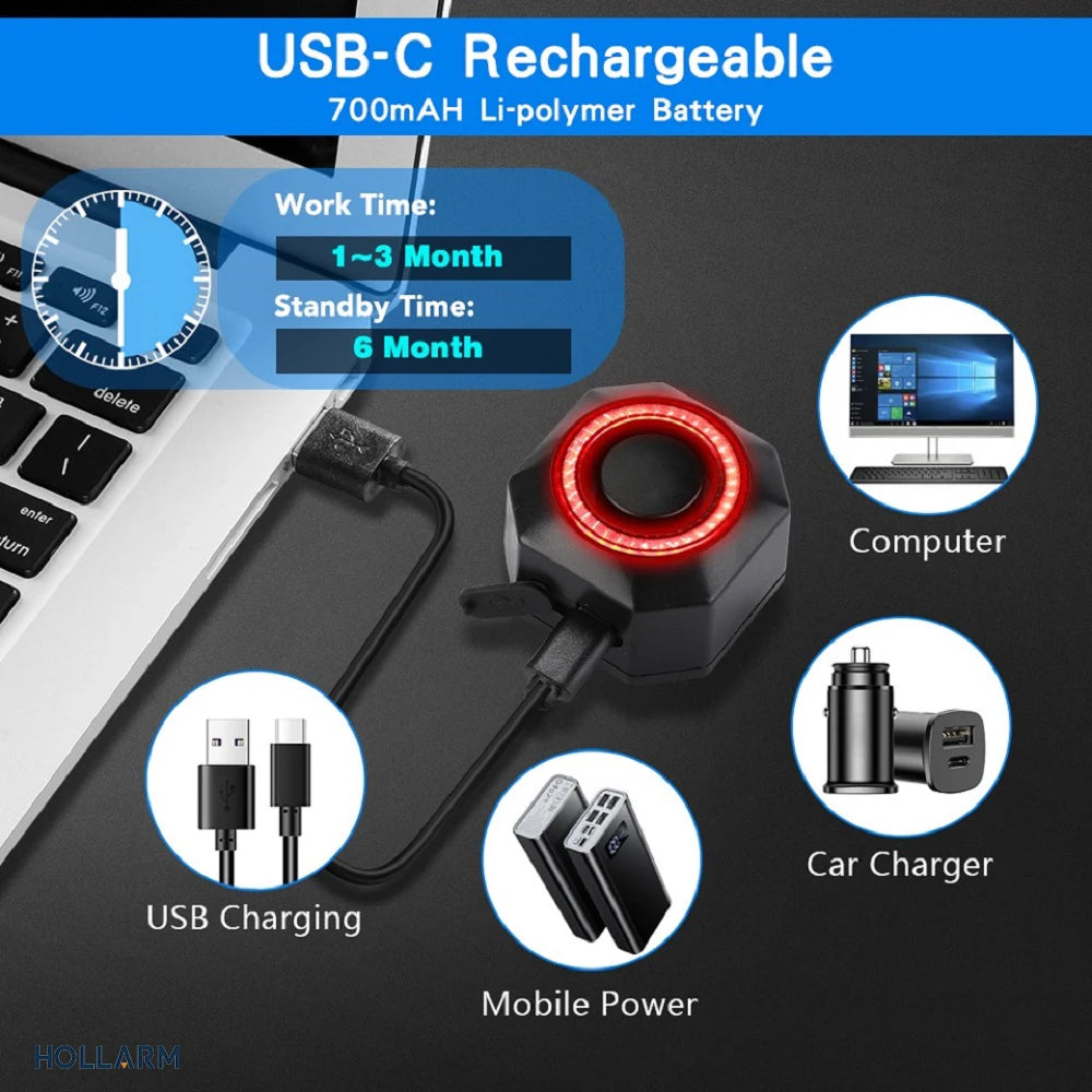 Hollarm Smart Bike Taillight Alarm Anti Theft Burglar Bicycle Light Alarm USB Charge Smart Brake Sensing Remote Control Tail Lam