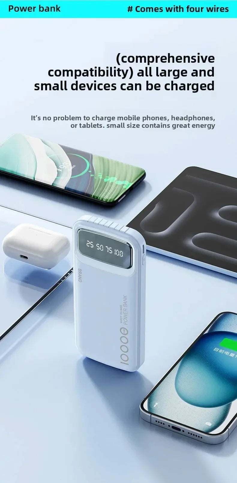 CCC Certified 10000mAh 20000mAh Power Bank Built in Type C Cable Ultra Thin Digital Display Portable External Battery Powerbank