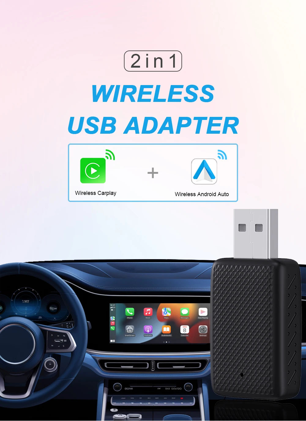 Carplay Wireless Adapter Android Auto 2in 1 Smart Dongle 2025 5G WIFI For iphone Android Phone For Volvo Benz Mg Kia Chery VW
