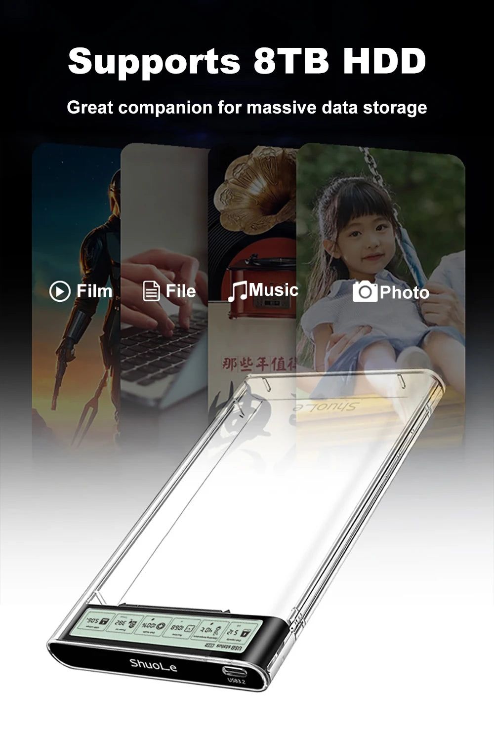 Smart Display HDD Case 2.5 Inch Transparent HDD Enclosure USB3.2 Gen2 External HDD Shell SATA HDD SSD Storage Case for Laptop PC