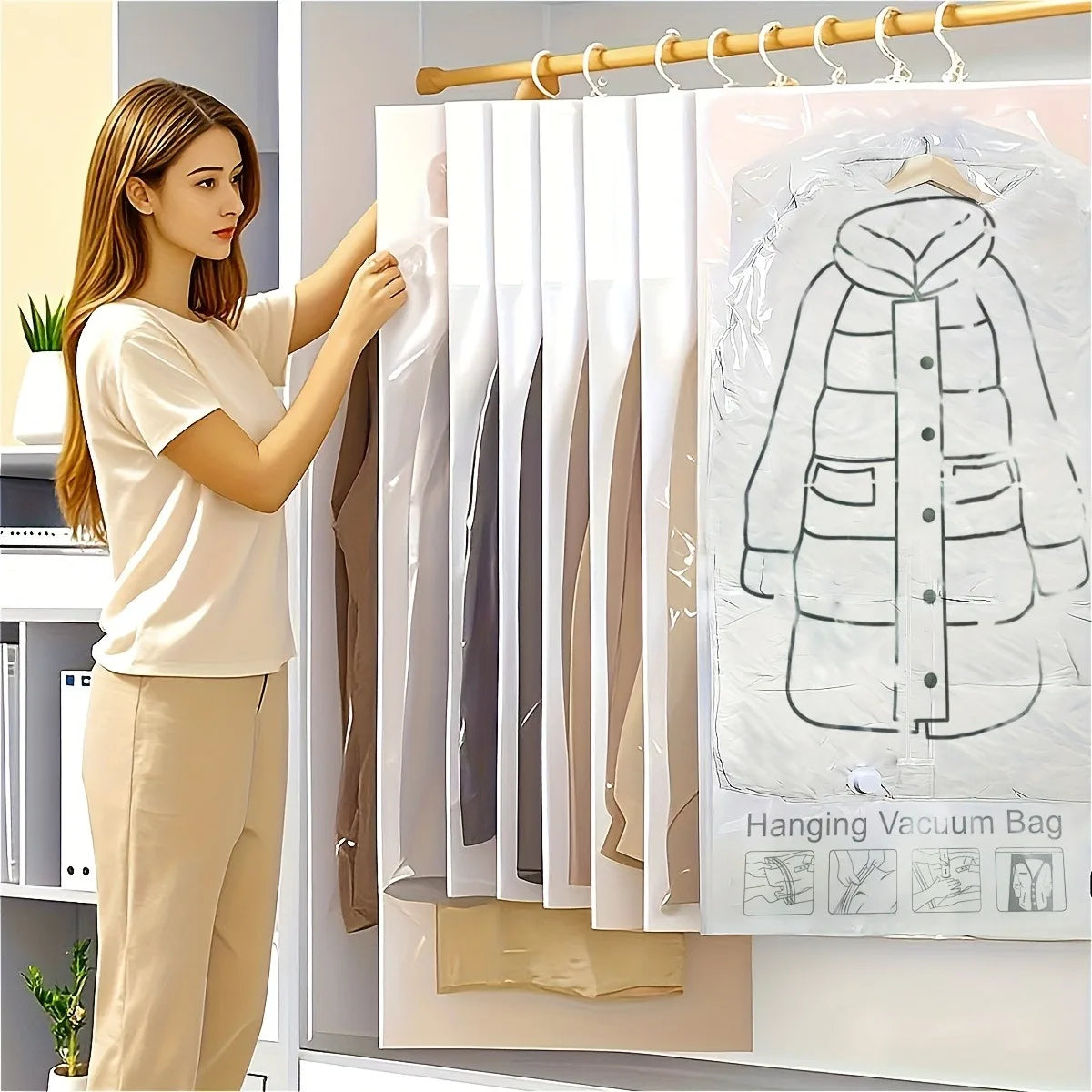 8pcs Hanging Vacuum Sealer Bags Compatible for Clothes,Suits, Jackets - Space Saving Wardrobe Organizer with,Vacuum Storage Bags