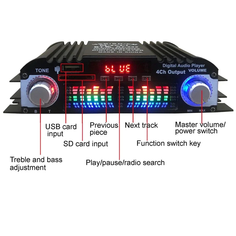 12V/220V Mini Bluetooth HiFi Power Amplifiers Stereo Car Home Audio Digital Sound Amplifier LCD Display FM SD USB Bass