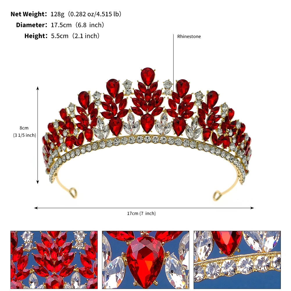 Red Luxury Bridal Wedding Crown Handmade Rhinestone Elegant Tiara Halloween Red Collection Hairbands Headpieces Accessories