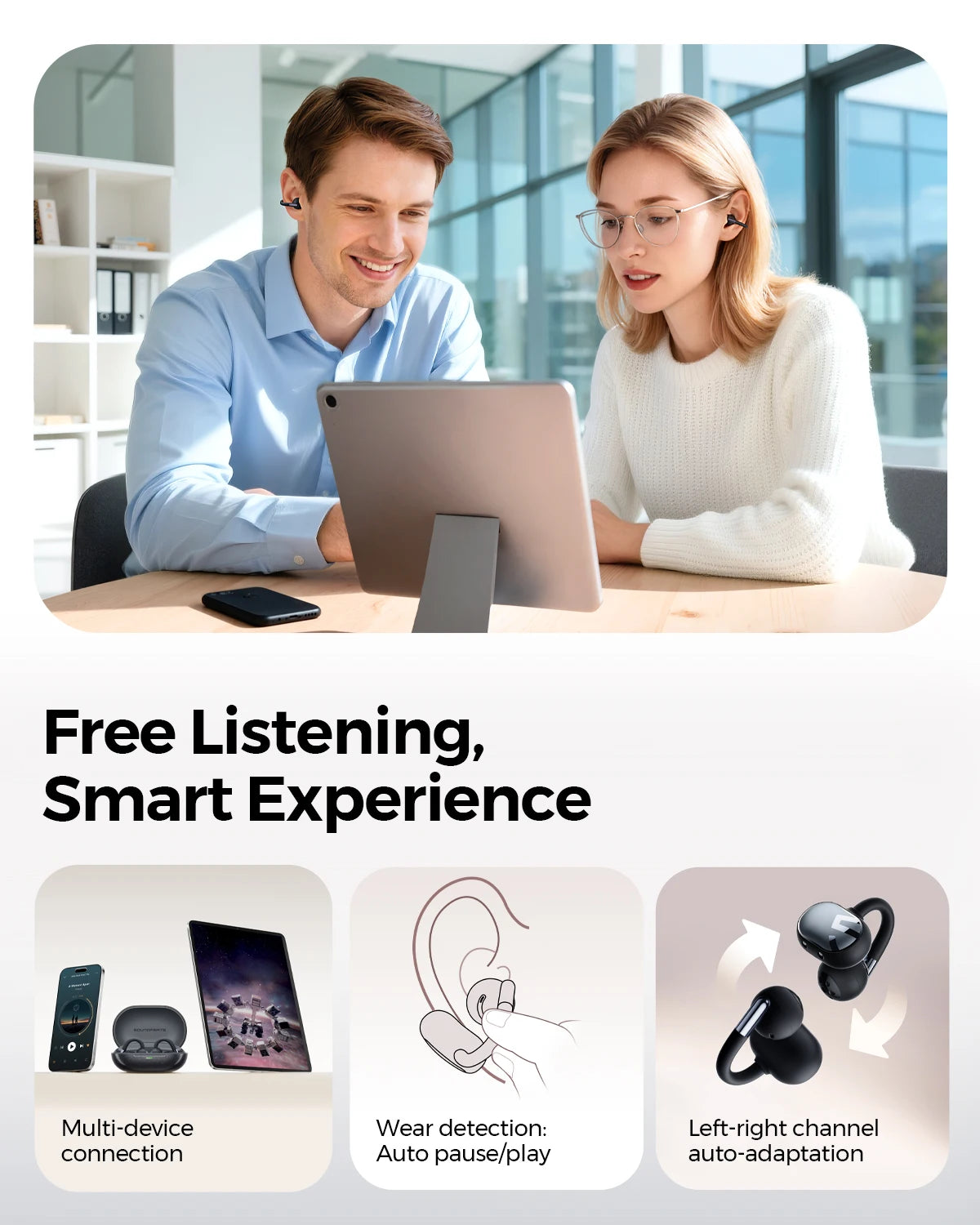 SoundPEATS Clip1 Open Ear Wireless Headsets Bluetooth 5.4 with Hi-Res LDAC & Dolby Audio, Comfort Clip On Sports Earphones IPX5