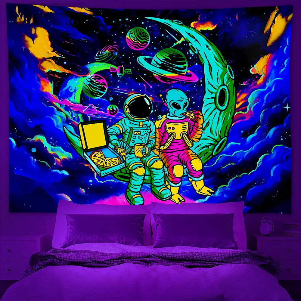 Neon Blacklight Tapestry UV Reactiv Alien DJ Tapestry Glow In The Dark Bohemian Elegance for Artful Wall Hanging and Home Décor
