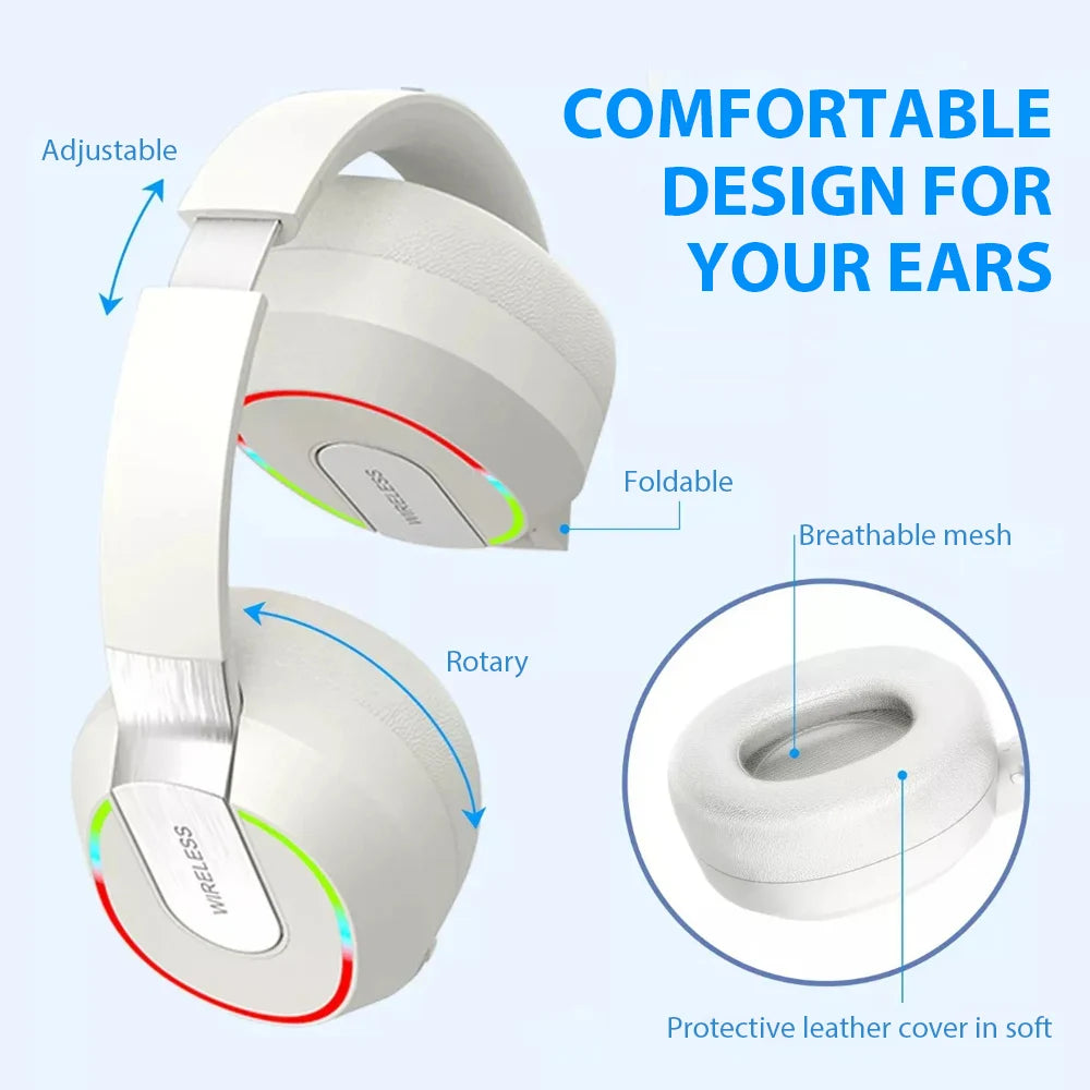 Wireless Headphones with MicroPhone Game Headset Blutooth 5.1 Gamer Surround Stereo Earphone Colourful Light PC Laptop Earpiece