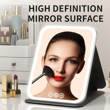 LED Dimmable Makeup Mirror Portable Foldable Design with Touch Screen 3 Colors Light Stepless USB Charging for Beauty Fashion