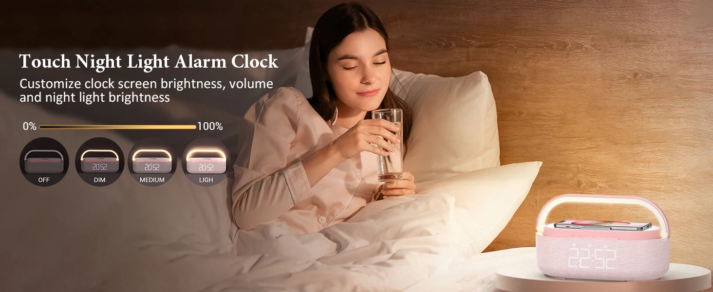 2500mAh Bluetooth Speaker with Wireless Charger, FM Radio & Dimmable Light - Portable Dual Speaker for Bedroom, Office & Gifts