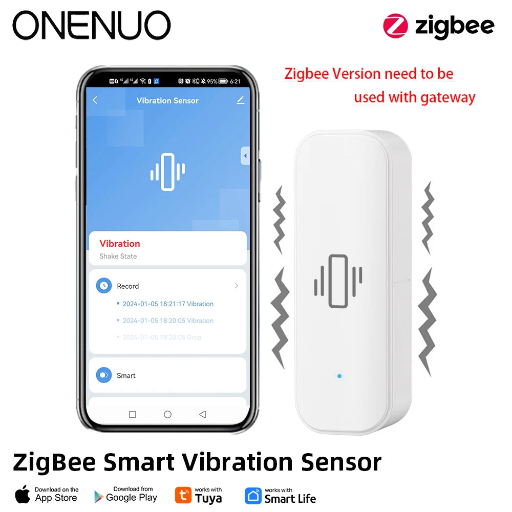 Zigbee Smart Vibration Sensor Detection Tuya Smart Life APP Notification Real-Time Motion Shock Alarm History Record