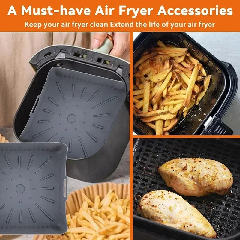 23cm Air Fryer Mat, Silicone Baking Tray, Multifunctional Silicone Barbecue Mat, Reusable Baking Tray Oil-Free & Dishwasher-Safe