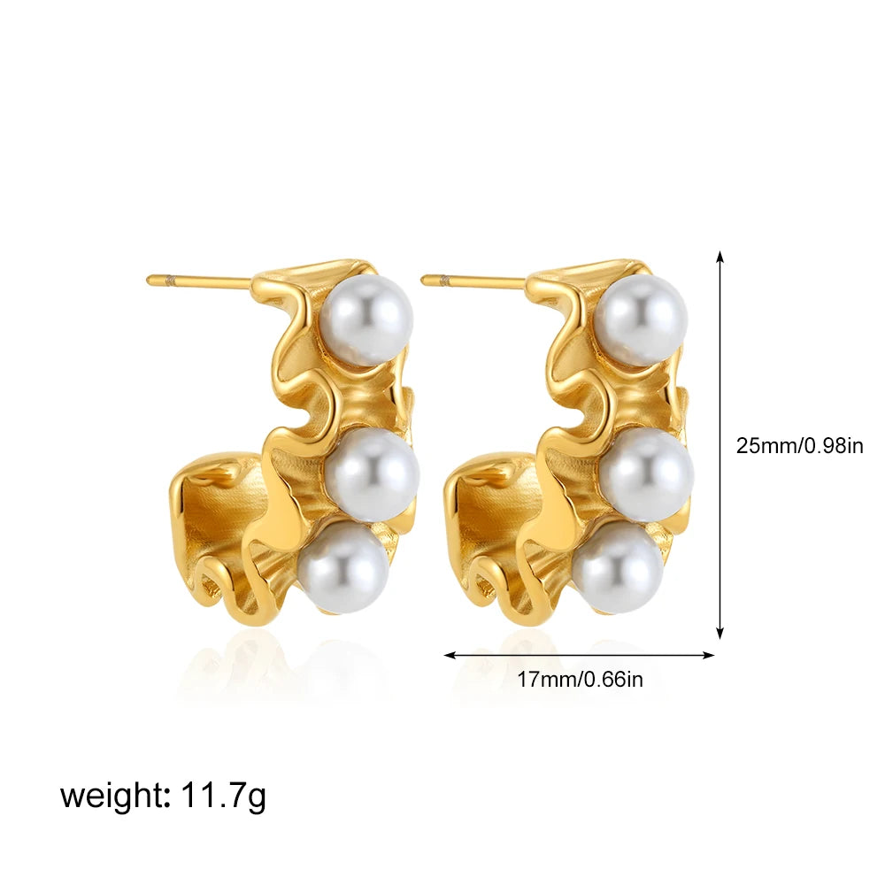 Fashion Stainless Steel Pearl Earrings for Women Texture Geometric Irregular Round Metal Stud Earring Trendy Jewelry Gift