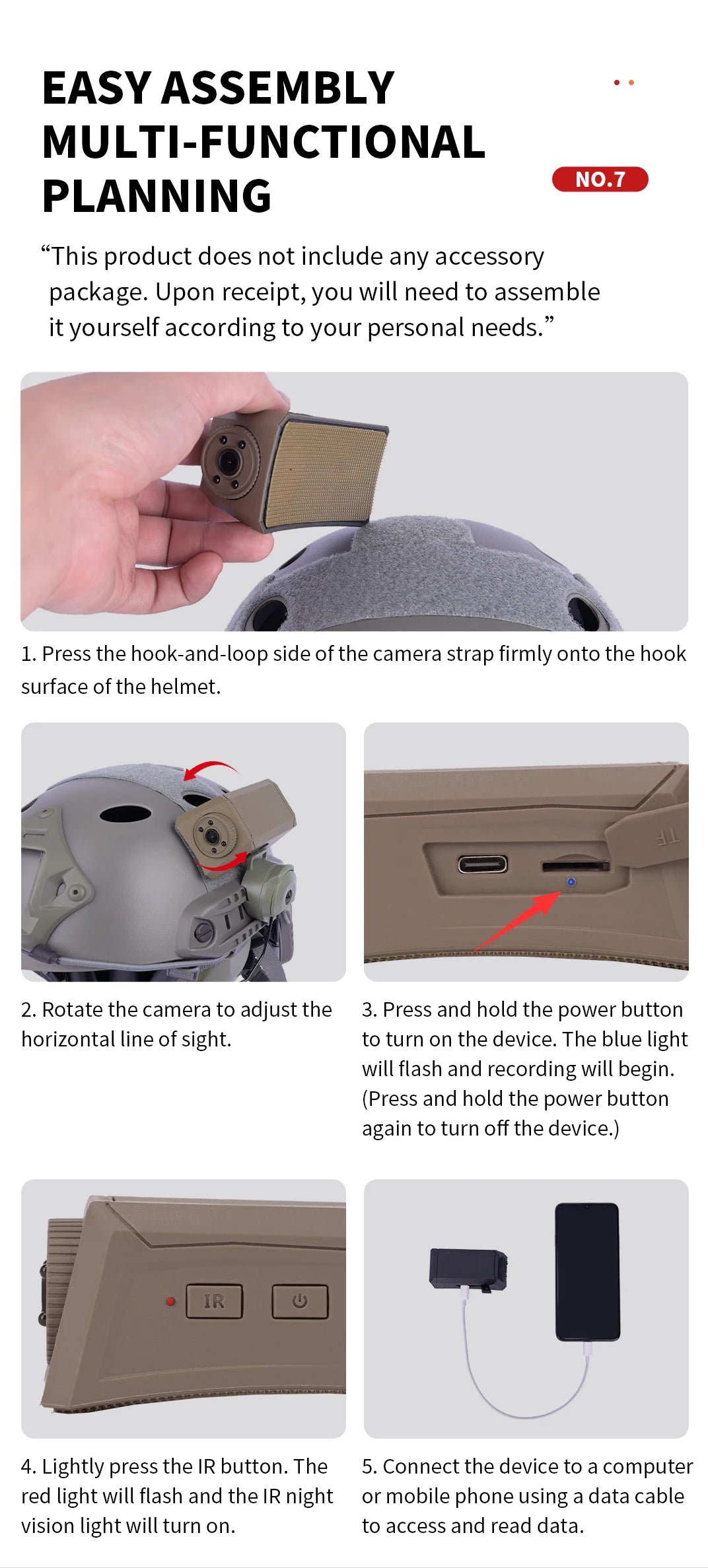 Tactical Helmet Camera, 720P HD Video Recorder with Photo Capture, Adjustable-Angle Helmet Cam, FAST Helmet Accessories