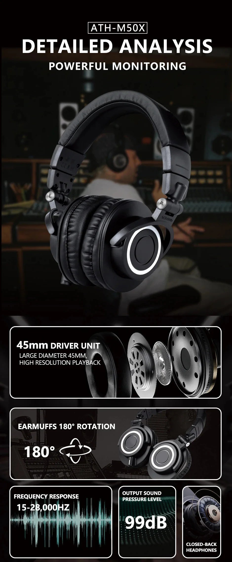 ATH-M50X Closed-Back Studio Monitor Headphones with 45mm Drivers and High-Fidelity Audio for Recording and Mixing Earphone