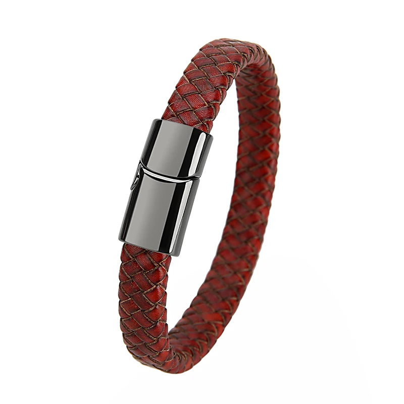 Mibrow Braided Black Leather Men Bracelet 10x5 12x6mm Size Fashion Metal Magnetic Clasp Wrap Bracelets Punk Charm Men Jewelry