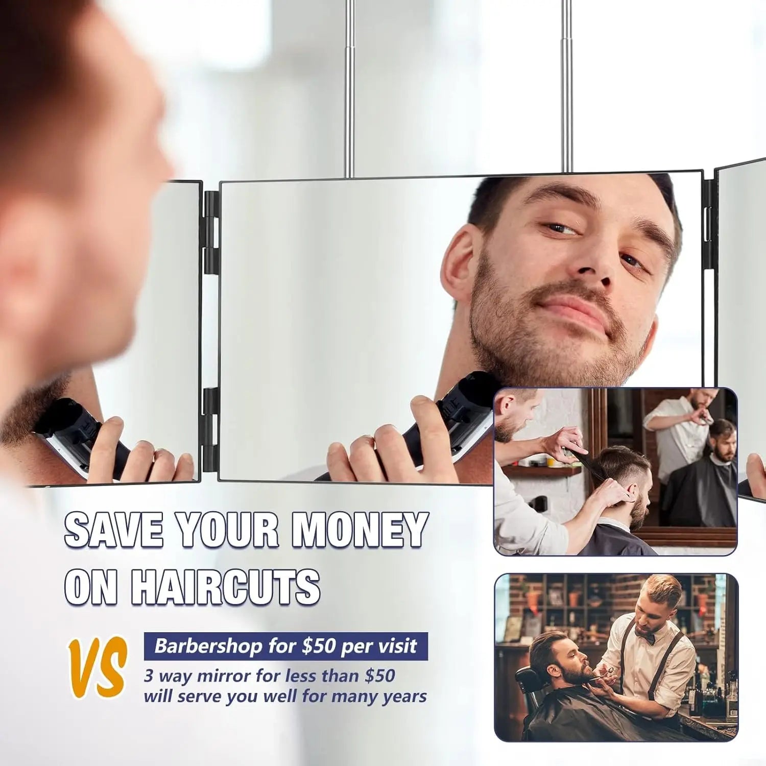 360° Viewing Makeup Mirror for Hair Cutting Travel Portable Self Haircut Mirror with Adjustable Hooks for Shaving, Hair Styling