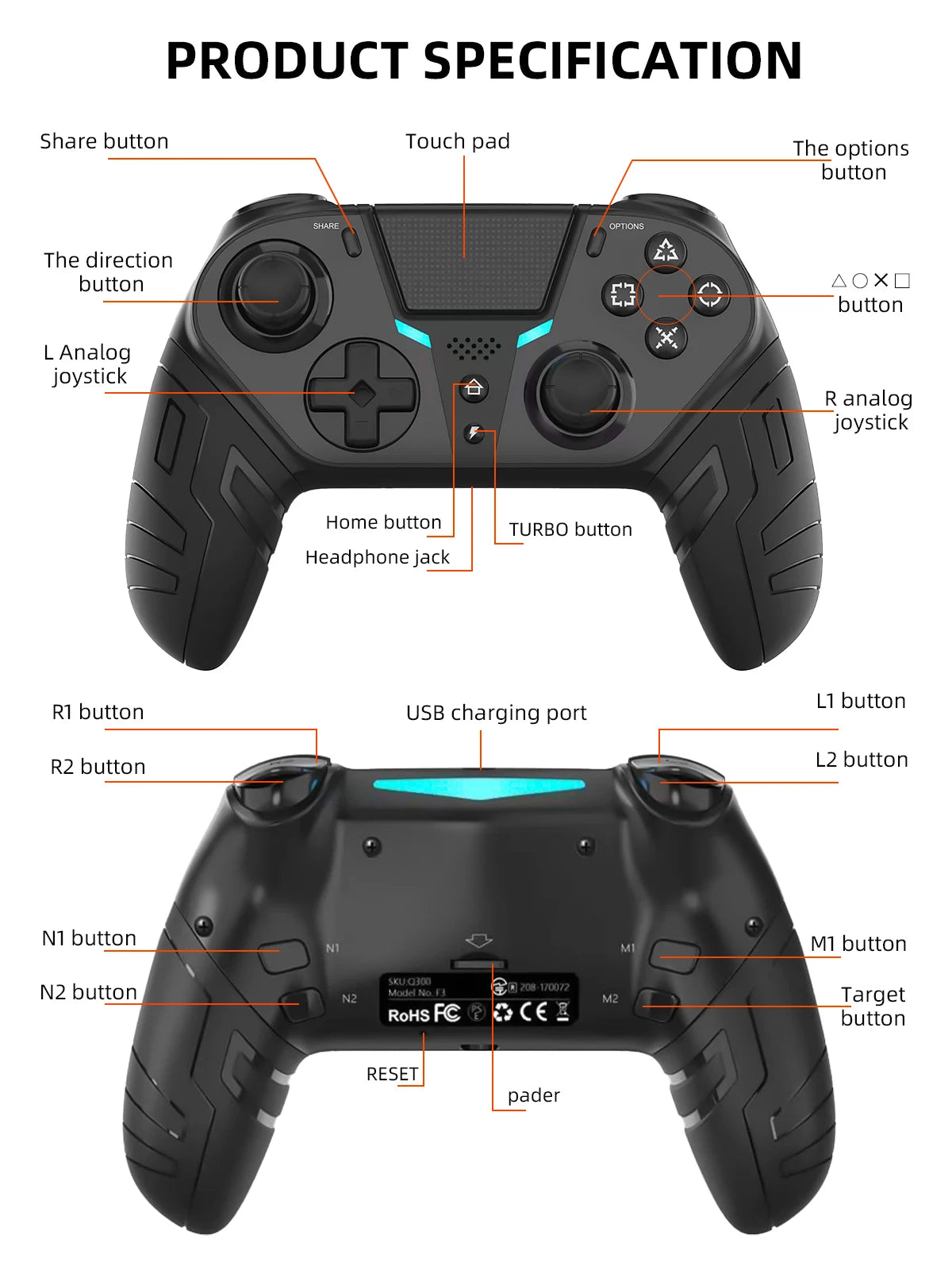 GAMINJA Wireless Controller Dual Vibration Bluetooth Gamepad With Programmable Turbo Function For PS4 Console PC Joystick