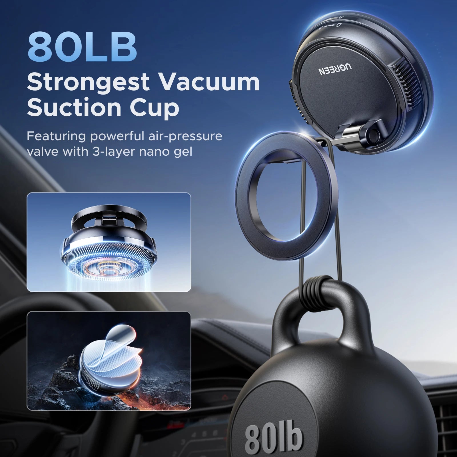 UGREEN Magnetic Car Phone Holder Dashboard Suction Cup 360°Rotatable Car Mount For Magsafe iPhone 16 15 14 ProMax Xiaomi Samsung