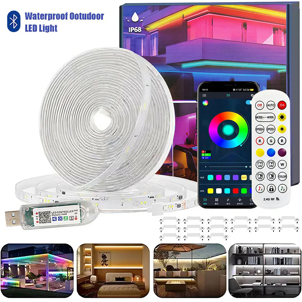 Outdoor LED Strip Lights Waterproof IP68 USB RGB LED Strip with Bluetooth App RF Remote Control Music Sync for Indoor Outdoor