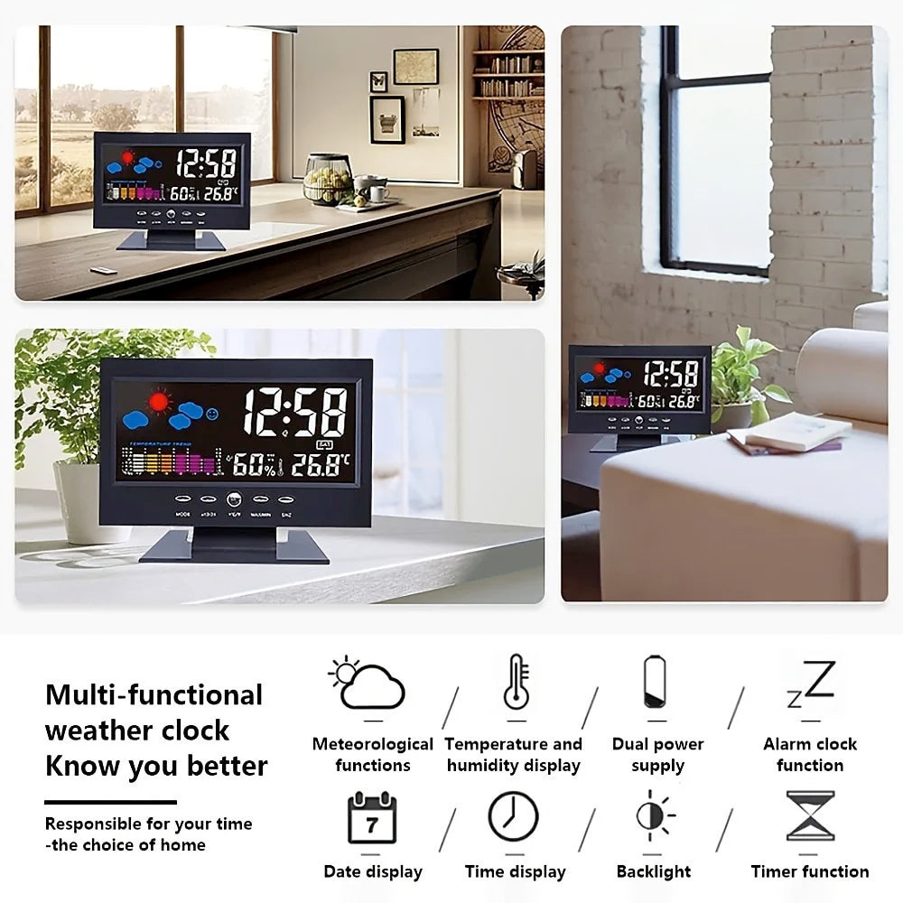 Weather Clock With Time Date Week Temperature Humidity Display Weather Forecast Function With Voice-activated Backlight Function
