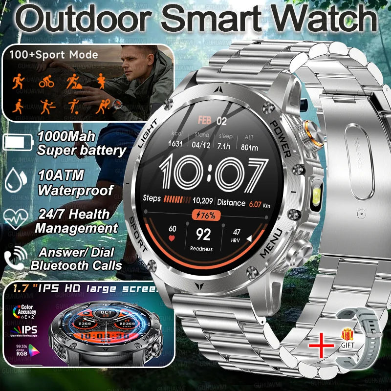 2025 New Military Smart Watch 1000Mah Battery Fitness Tracking 10ATM Waterproof Tactics Sport Flashlight call Bracelet For Men