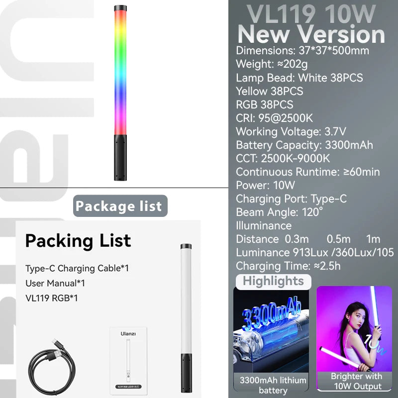 Ulanzi VL119 LED Stick Light Fill Lamp Sticks Bulk Colorful RGB Glow Stick for Photography Game Birthday Wedding Party Supplies