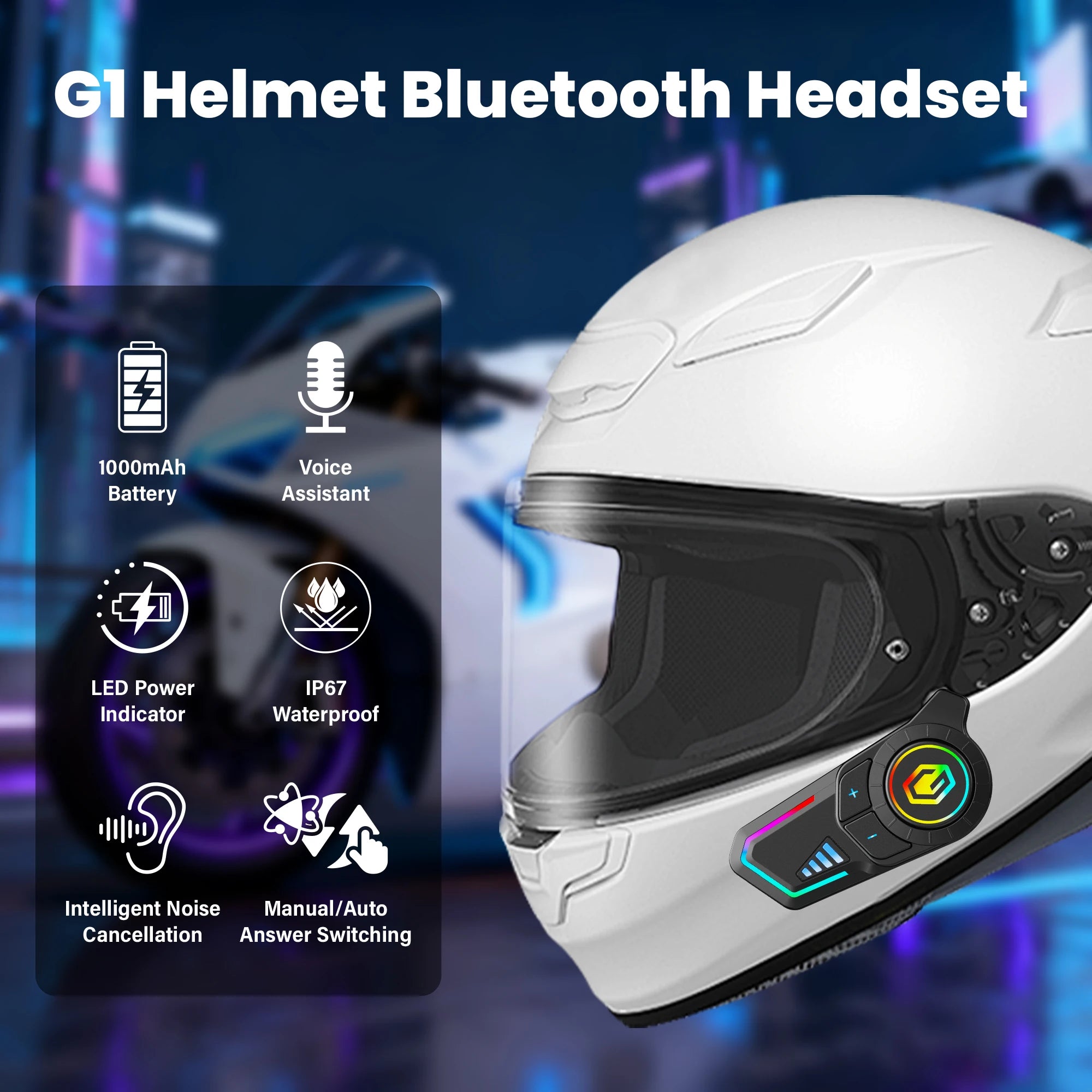 GEARELEC G1 Motorcycle Helmet Bluetooth Headset Hands Free Call IPX67 Waterproof 1000mAh Headset Speakers HiFi Stereo RGB Light