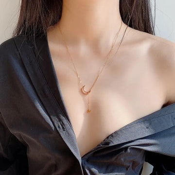 New Simple Moon Star Pendant Choker Necklace Simple Gold Color Alloy Charm Chain Collares Necklace For Women Party Jewelry