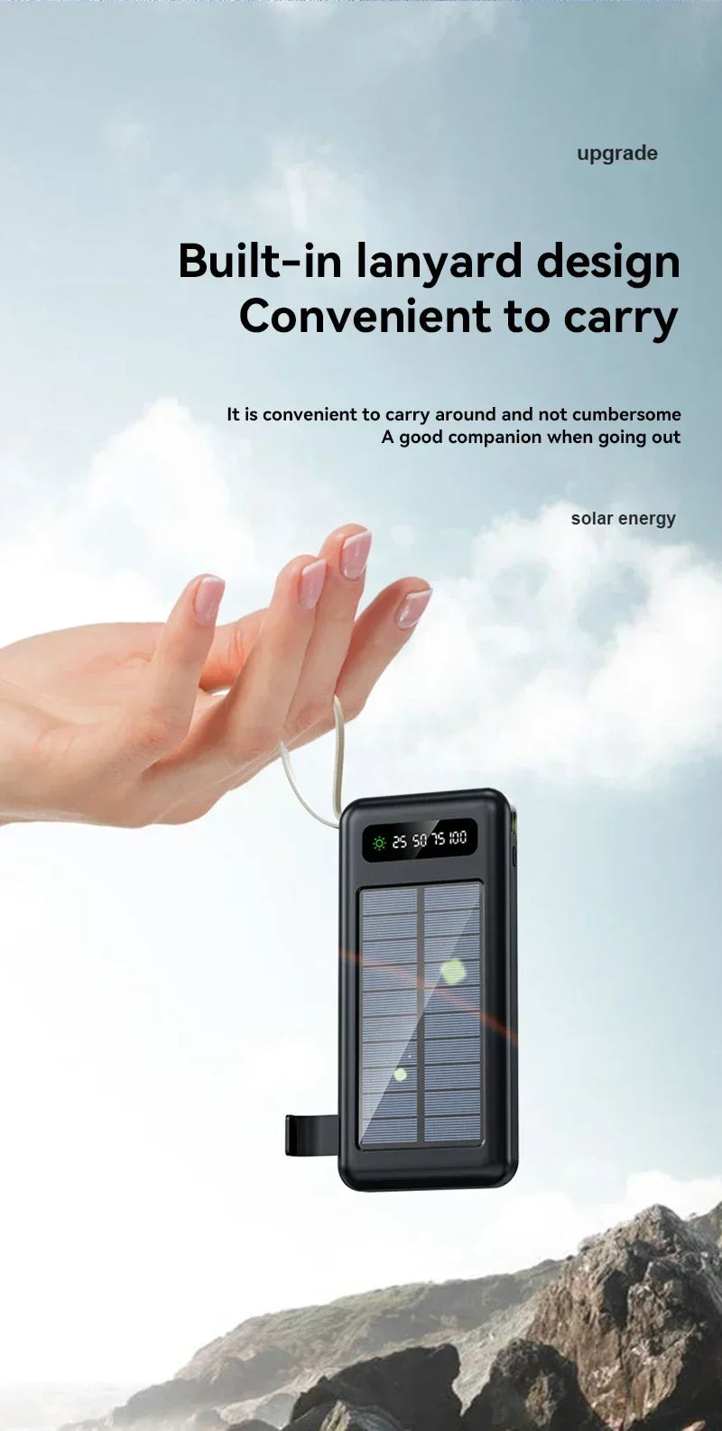 Solar Power Bank 500000mAh Fast Charging Powerbank High Capacity Portable Mobile Power Flashlight Built in 4 Cables Battery