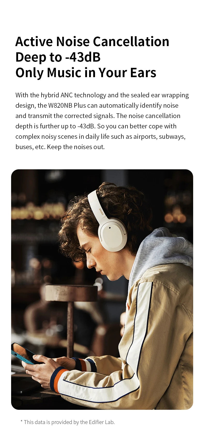 Edifier W820NB Plus Wireless Noise Cancelling Headphones 49hrs Playtime 43dB ANC Hi-Res LDAC Codec Over-Ear Bluetooth Headset