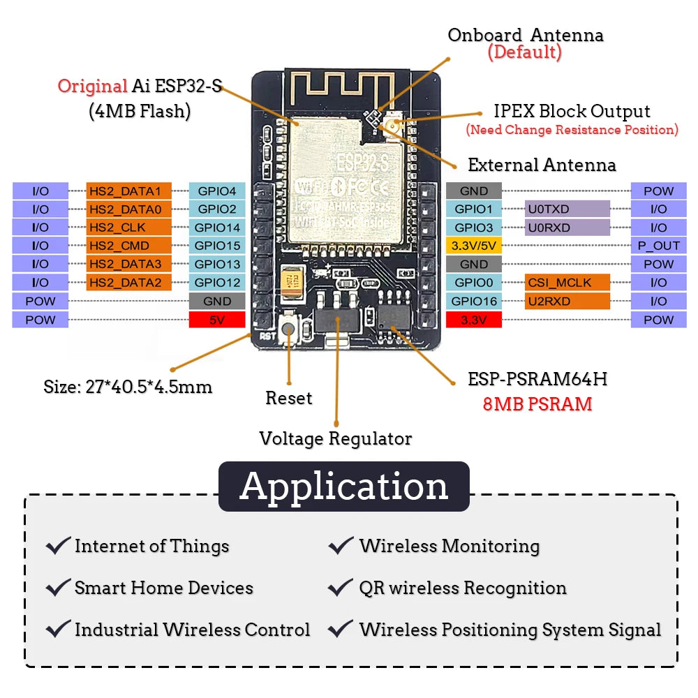 Original ESP32-CAM Camera Module Kit 2.4 GHz WiFi Bluetooth 8MB PSRAM OV2640 Camera Module 66 120 160 Degree 850nm Night Vision