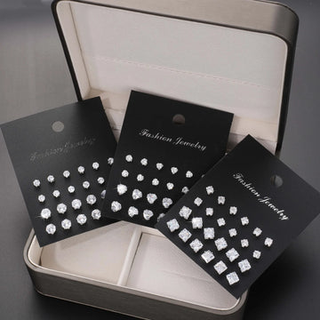 New Geometric Six-Claw Heart-Shaped Crystal Zircon Basic Set Ear Studs Vintage Elegant 36 Pairs Unisex