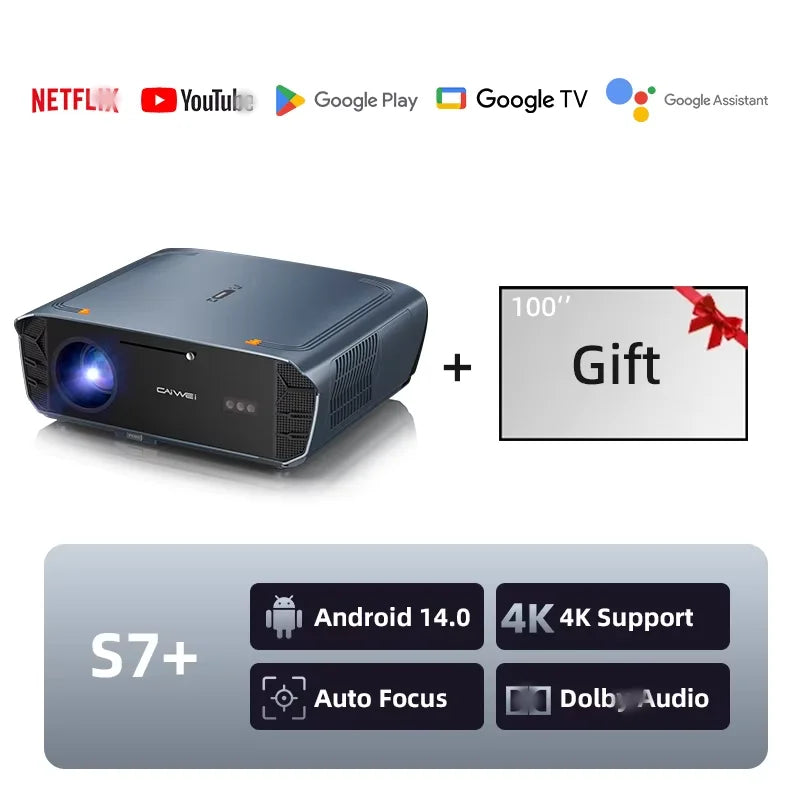 CAIWEI S7+ 4K Ultra HD Projector Video 4000 ANSI Home Theater Android for Movies Auto Focus Smart TV Beam Projectors for Outdoor