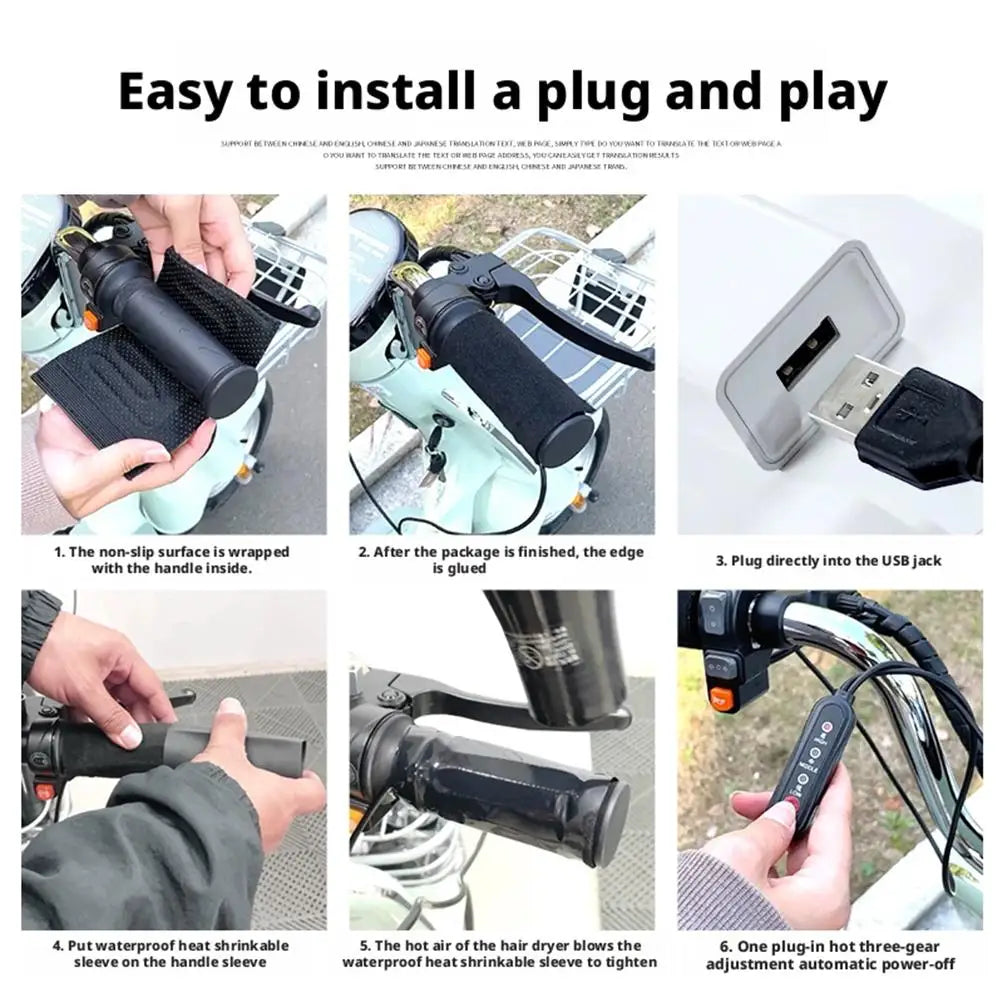 Motorcycle USB Heated Handlebar Grips 3 - Gear Temperature Control Fast Heating Non-Destructive Stick-On Installation Warmers
