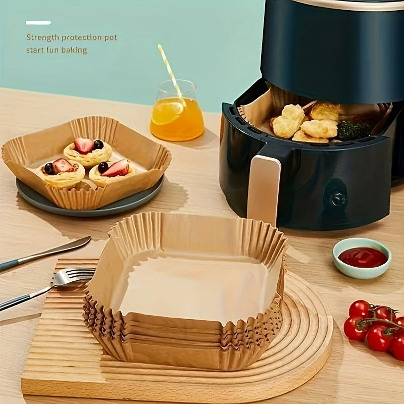 100 non-stick air fryer liners - high-quality single-layer paper with grooved edges, ensuring safe cooking, easy cleaning