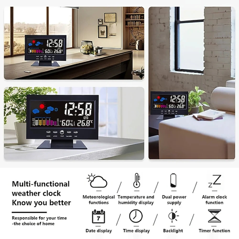 Weather Clock With Time Date Week Temperature Humidity Display Weather Forecast Function With Voice-activated Backlight Function