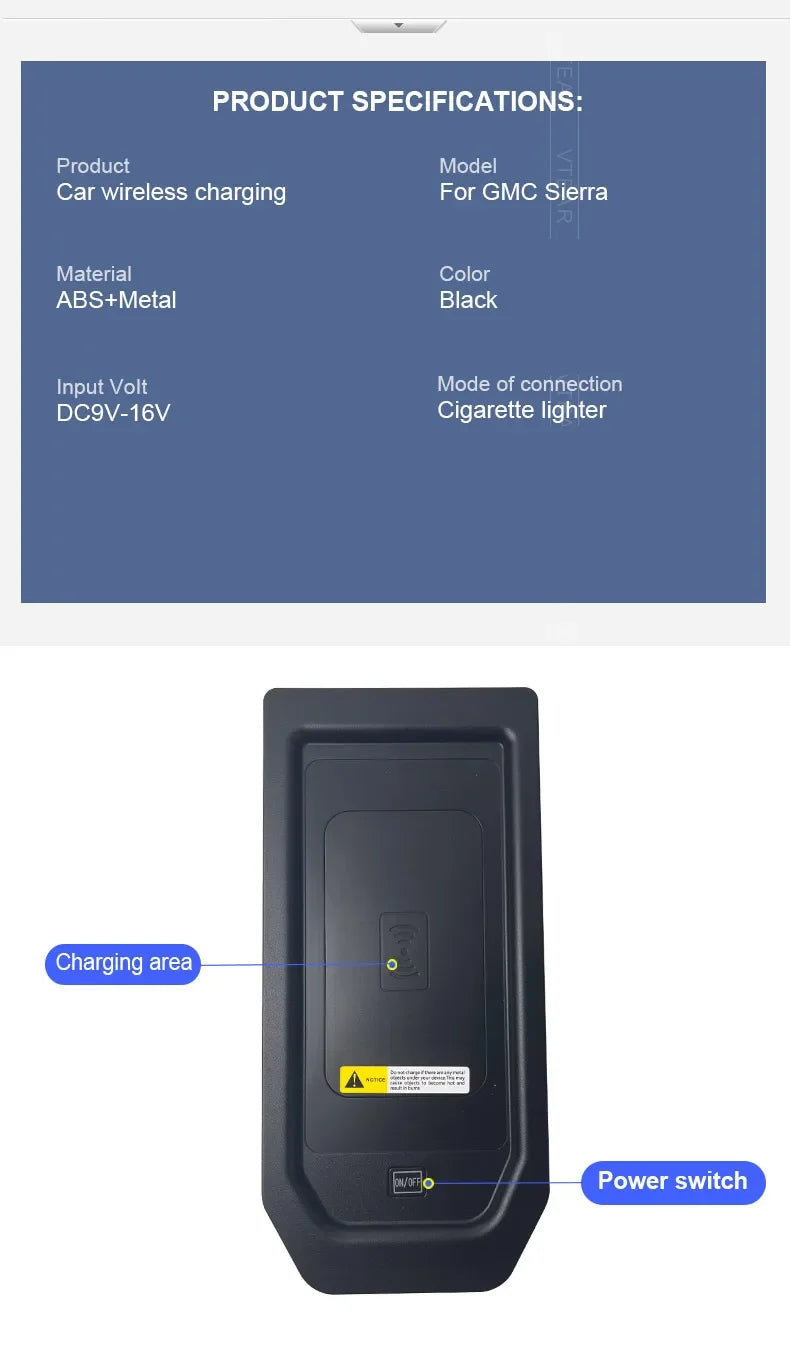 Car Wireless Charger 15w Fast Mobile Phone Charging Panel Adapter For GMC Sierra 2019-2021 Interior Product Accessories