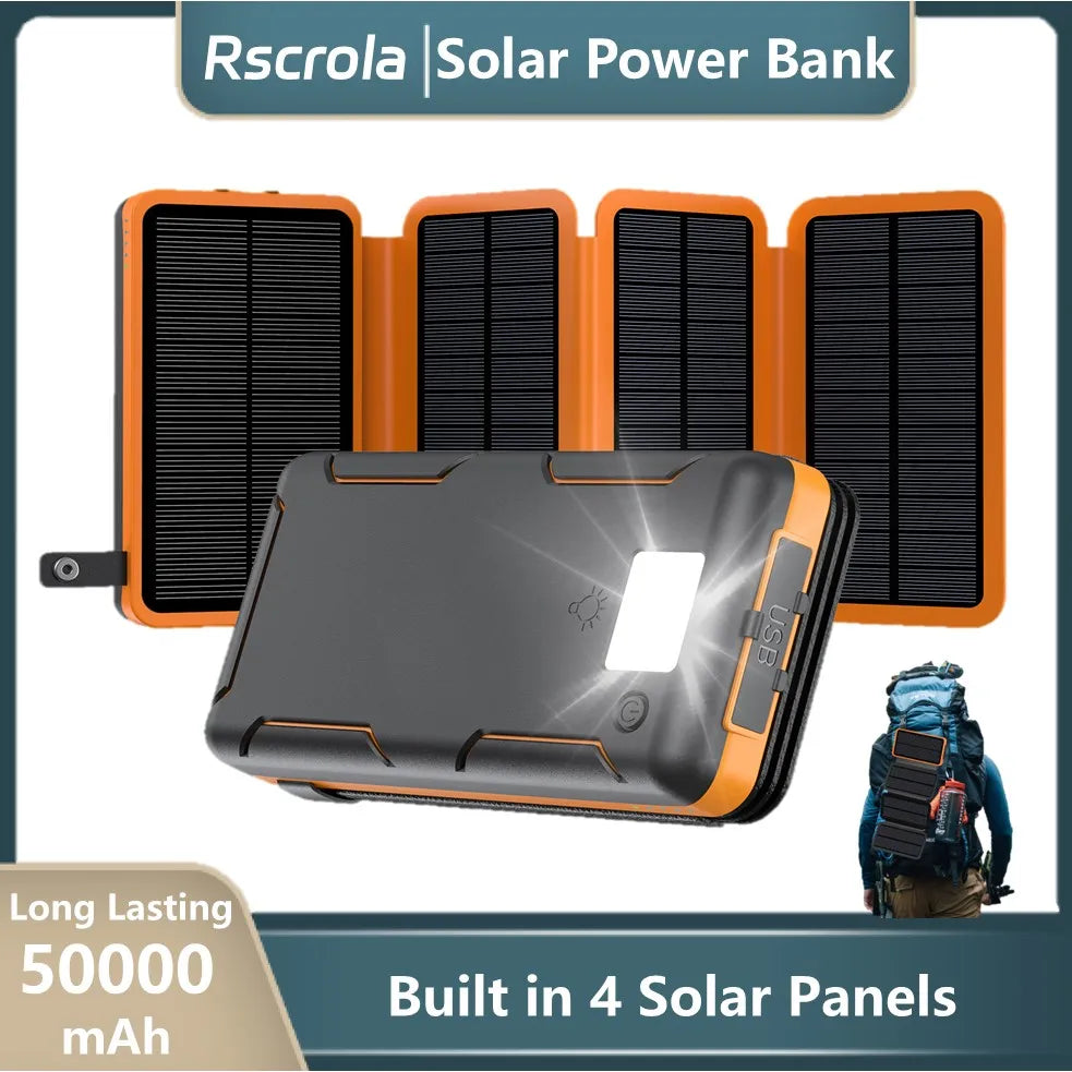 Folding Solar Power Bank with 4 Solar Panels 50000mAh Portable Solar External Battery Compatible with IOS Android USB-A USB-C