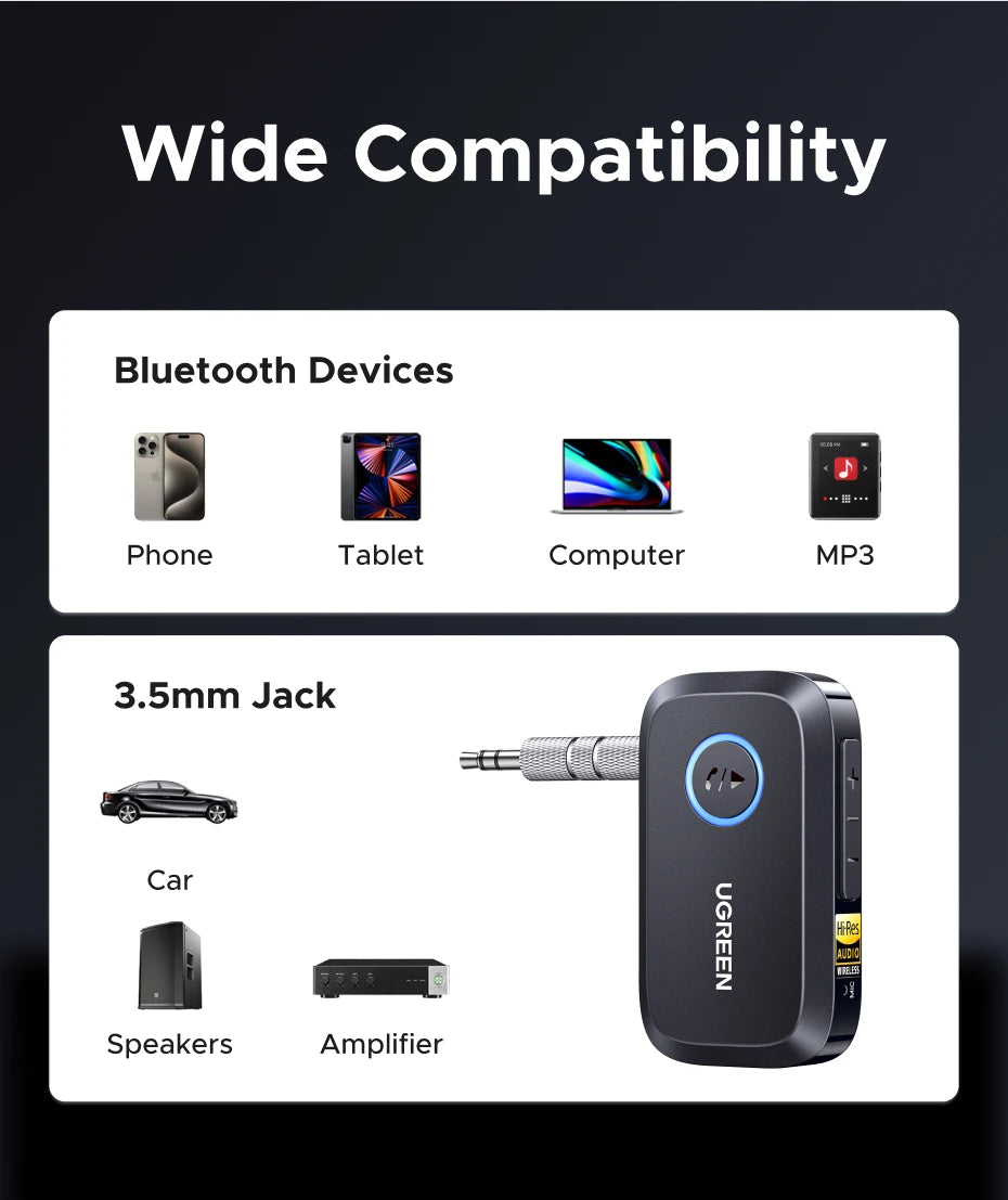 UGREEN Bluetooth 6.0 5.4 Wireless 3.5mm AUX Jacks for Car Speakers Audio Music