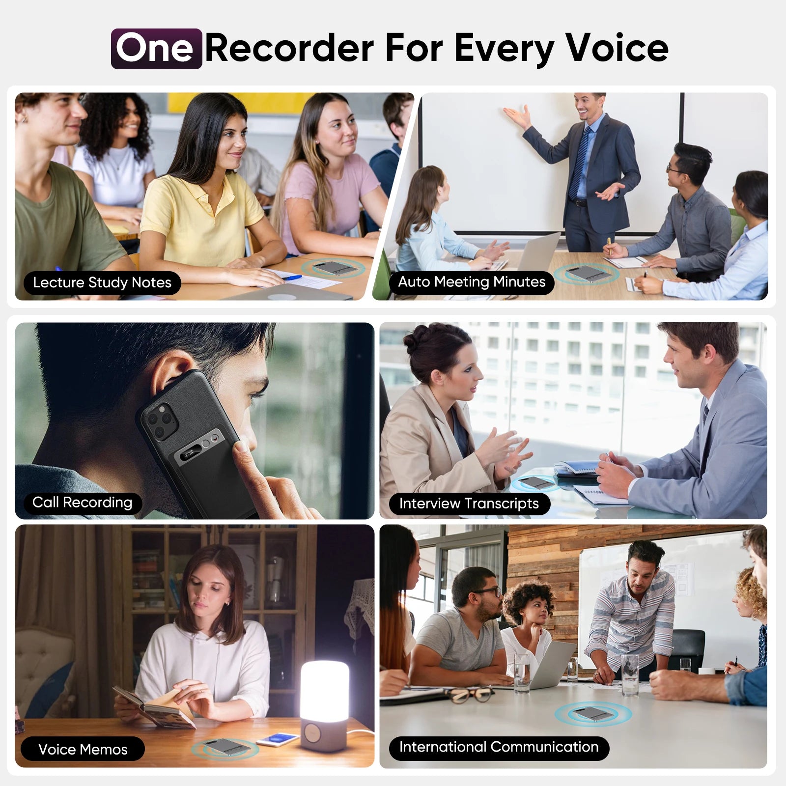 AI Voice Recorder 118 Languages ChatGPT-4  App Phone Call Mini Audio for Meetings, Lectures，Calls, AI Transcription Transcribe