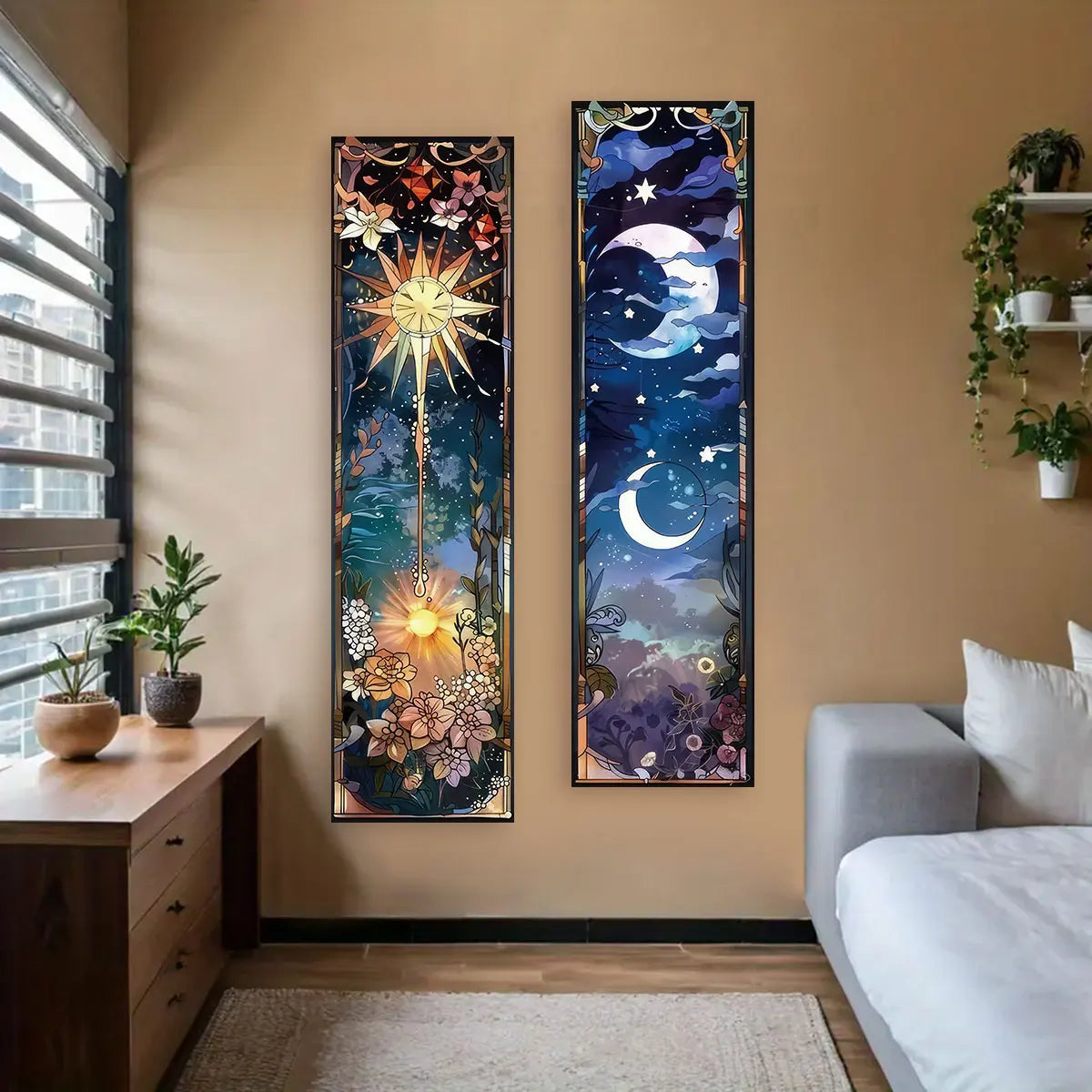 Retro Sun and Moon Scenery Tapestry Hippie Floral Aesthetic Tapestry Wall Hanging  Flower & Plants Night Sky Wall Decoration