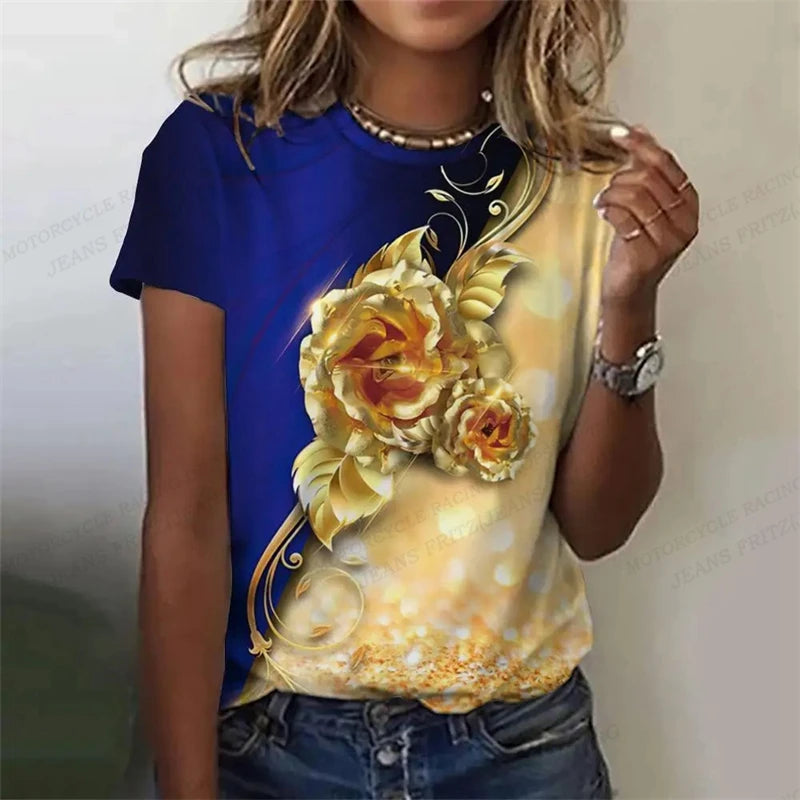 Golden Rose 3d Printed Tshirt Pretty Women's Clothing Female Harajuku Floral Print Tops Tees Ladies O-Neck Short Sleeve T Shirt
