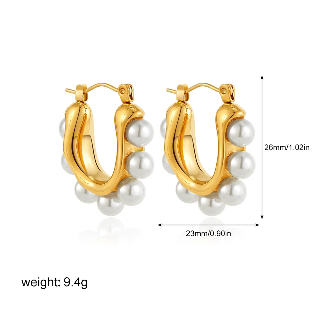 Fashion Stainless Steel Pearl Earrings for Women Texture Geometric Irregular Round Metal Stud Earring Trendy Jewelry Gift